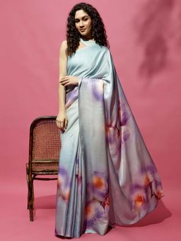 Navyasa By Liva - Blue Satin Floral Print Saree with Unstitched Blouse