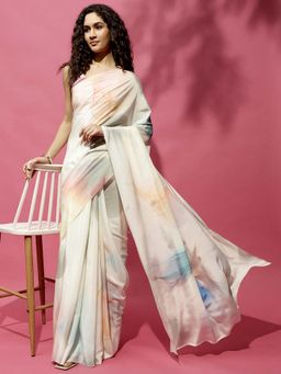 Navyasa By Liva - Off White Crepe Floral Print Saree with Unstitched Blouse