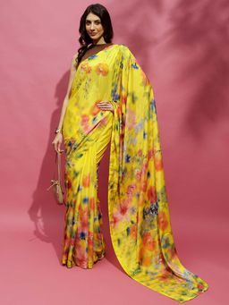 Navyasa By Liva - Yellow Silk Excel Floral Print Saree with Unstitched Blouse