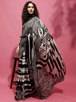 Navyasa By Liva - Black and White Satin Geometric Print Saree with Unstitched Blouse