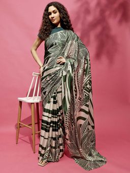 Navyasa By Liva - White and Green Satin Geometric Print Saree with Unstitched Blouse