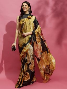 Navyasa By Liva - Black Satin Floral Print Saree with Unstitched Blouse