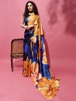 Navyasa By Liva - Blue Satin Floral Print Saree with Unstitched Blouse
