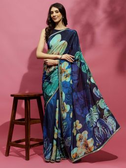 Navyasa By Liva - Blue Crepe Floral Print Saree with Unstitched Blouse