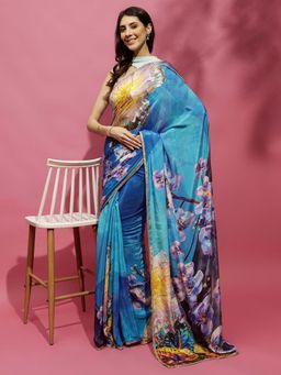 Navyasa By Liva - Blue Crepe Floral Print Saree with Unstitched Blouse