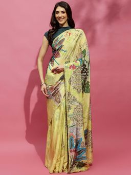 Navyasa By Liva - Yellow Crepe Floral Print Saree with Unstitched Blouse
