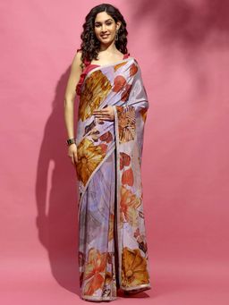 Navyasa By Liva - Lavender Crepe Floral Print Saree with Unstitched Blouse