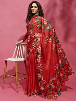 Navyasa By Liva - Red Satin Floral Print Saree with Unstitched Blouse