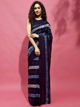 Navyasa By Liva - Blue Crepe Batik Saree with Unstitched Blouse