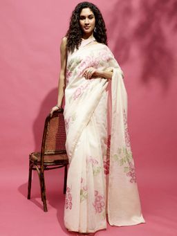 Navyasa By Liva - Off White Silk Excel Floral Print Saree with Unstitched Blouse