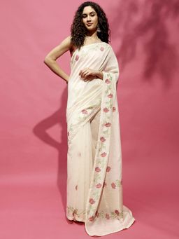 Navyasa By Liva - Off White Silk Excel Floral Print Saree with Unstitched Blouse