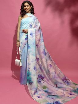 Navyasa By Liva - Blue Silk Excel Floral Print Saree with Unstitched Blouse