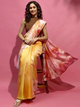 Navyasa By Liva - Yellow Silk Excel Floral Print Saree with Unstitched Blouse
