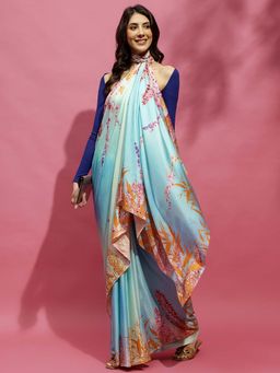 Navyasa By Liva - Sea Green Satin Floral Print Saree with Unstitched Blouse