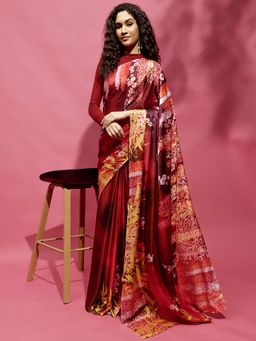 Navyasa By Liva - Maroon Satin Floral Print Saree with Unstitched Blouse
