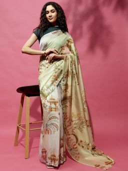Navyasa By Liva - Light Green Silk Excel Abstract Print Saree with Unstitched Blouse