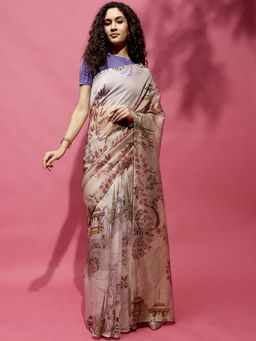 Navyasa By Liva - Grey Silk Excel Abstract Print Saree with Unstitched Blouse