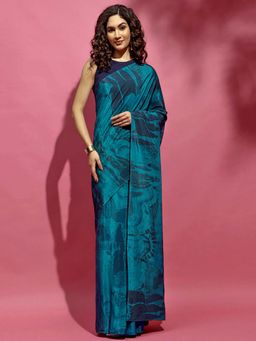 Navyasa By Liva - Teal Crepe Abstract Print Saree with Unstitched Blouse