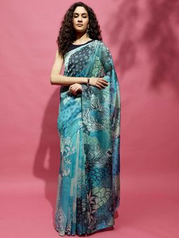 Navyasa By Liva - Turquoise Silk Excel Abstract Print Saree with Unstitched Blouse
