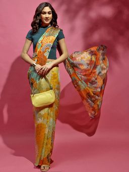 Navyasa By Liva - Mustard Silk Excel Abstract Print Saree with Unstitched Blouse