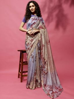 Navyasa By Liva - Blue Crepe Abstract Print Saree with Unstitched Blouse