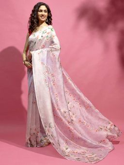 Navyasa By Liva - Pink Silk Excel Floral Print Saree with Unstitched Blouse