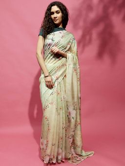 Navyasa By Liva - Green Silk Excel Floral Print Saree with Unstitched Blouse