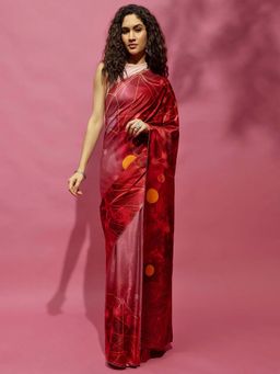 Navyasa By Liva - Maroon Satin Abstract Print Saree with Unstitched Blouse