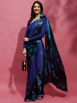Navyasa By Liva - Blue Satin Abstract Print Saree with Unstitched Blouse