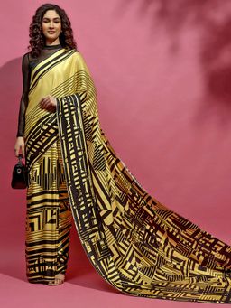 Navyasa By Liva - Yellow Satin Geometric Print Saree with Unstitched Blouse