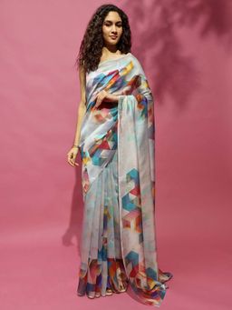 Navyasa By Liva - Blue Silk Excel Geometric Print Saree with Unstitched Blouse