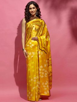 Navyasa By Liva - Mustard Satin Geometric Print Saree with Unstitched Blouse