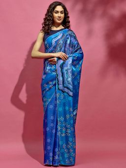 Navyasa By Liva - Blue Satin Geometric Print Saree with Unstitched Blouse