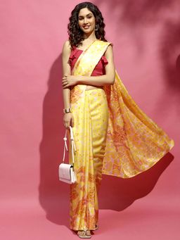Navyasa By Liva - Yellow Satin Geometric Print Saree with Unstitched Blouse