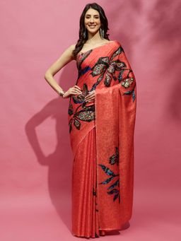 Navyasa By Liva - Orange Satin Floral Print Saree with Unstitched Blouse