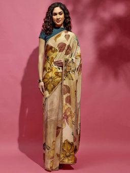 Navyasa By Liva - Beige Crepe Floral Print Saree with Unstitched Blouse