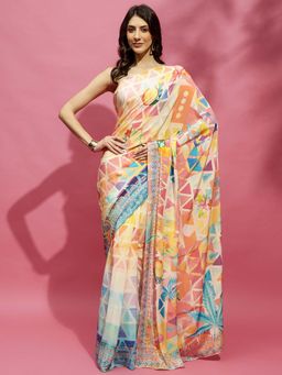 Navyasa By Liva - Multicolor Crepe Geometric Print Saree with Unstitched Blouse