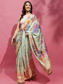 Navyasa By Liva - Light Blue Tissue Abstract Print Saree with Unstitched Blouse