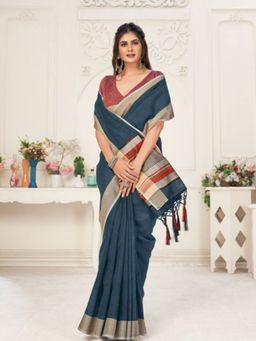 EXCLUSIVA - Navy Blue Linen Saree with Unstitched Blouse