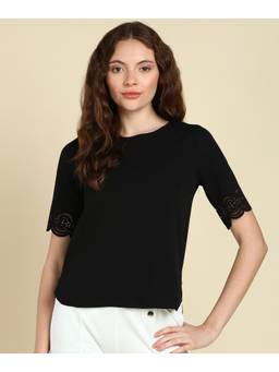 Saffe - Womens Black Half Sleeves Round Neck Solid Top