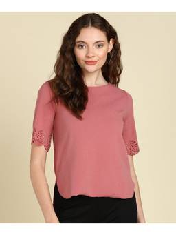 Saffe - Women Pink Half Sleeves Round Neck Solid Top