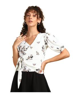Saffe - Women White Puff Sleeves V-Neck Floral Top