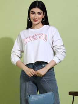 Saffe - Women’s White Tokyo Printed Cropped Sweatshirt