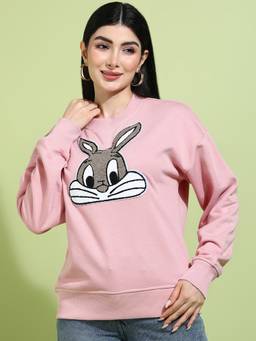 Saffe - Women’s Pink Bunny Patch Embroidery Oversized Sweatshirt