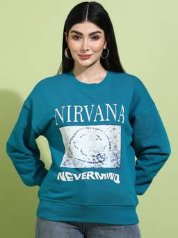 Saffe - Women’s Teal Printed Oversized Round Neck Sweatshirt