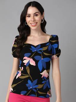 Saffe - Women Black Puff Sleeves Sweetheart Floral Top