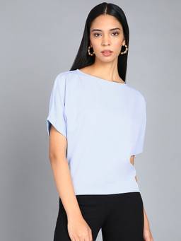 Saffe - Women Blue Raglan Sleeves Round Neck Solid Top