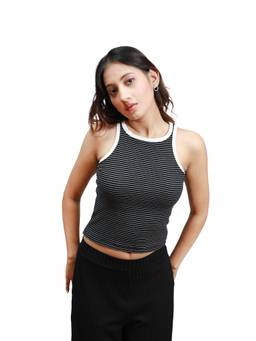 Saffe - Women Black Sleeveless Round Neck Stripes Top