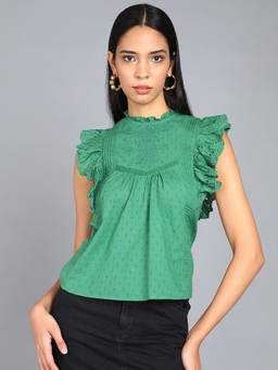 Saffe - Women Green Ruffled Sleeves Round Neck Embroidered Top