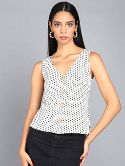 Saffe - Women Off White Sleeveless V-Neck Polka Dots Top